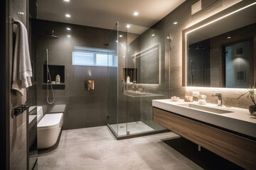 Fototapeta na wymiar A sleek and modern bathroom with a floating vanity, a glass-enclosed shower, and ambient lighting for a contemporary and spa-like experience. Generative AI