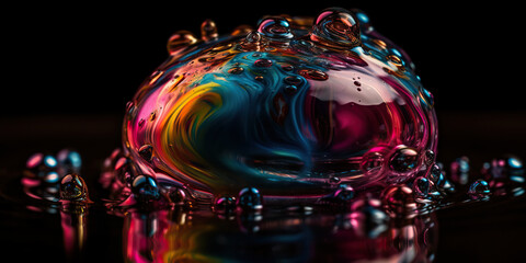 Generative AI illustration of closeup rainbow colored drop of water covered with small droplets shining on black background