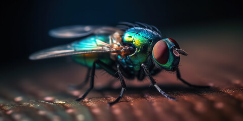Generative AI illustration of closeup glossy fly of bright colors sitting on ribbed surface in selective focus