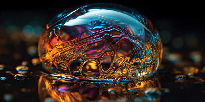 Generative AI illustration of a drop of water with the colorful close-up glowing against a black background