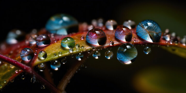 Picturesque generative AI illustration by artificial intelligence of colored leaf with bright dew points against a blurred background