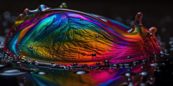 Generative AI illustration of a drop of water with the color of the rainbow in the close-up surrounded by small drops that glow on a black background