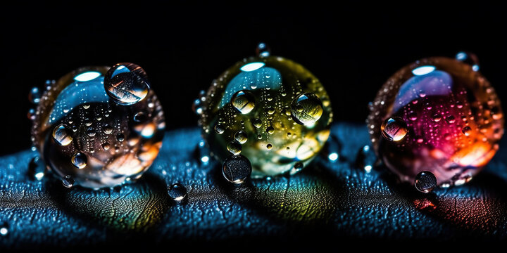 Generative AI illustration of closeup row of shiny round shaped drops of water covered with dew on leather surface