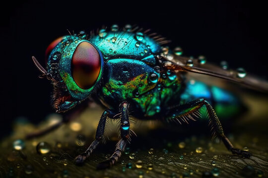 Vivid generative AI illustration of a brightly colored fly covered in water droplets perched on a green leaf on a dark background