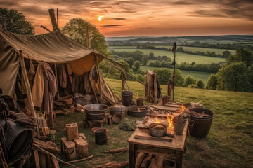 Outdoor bushcraft scene camping site, tent in the woods, generative ai