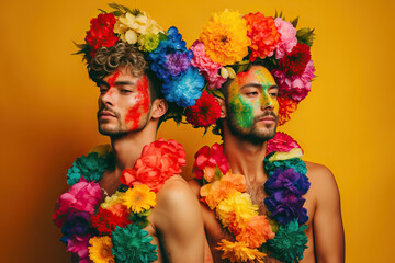 Generated AI illustration of shirtless gay men looking in opposite directions with flower crowns on their heads and necks against a yellow background