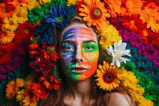 Generative AI illustration of sensual young lesbian female with dotted face paint in rainbow color against multicolored heavy blooming flower background
