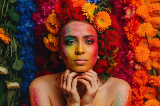 Generating AI illustration of a sexy young lesbian girl with a flower crown on her head and colorful face paint against a multicolored background of flowers