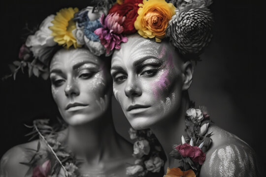 Generative AI illustration with black and white of young identical lesbian women with bright makeup and colorful flowers over hairdo against dark background while looking at camera