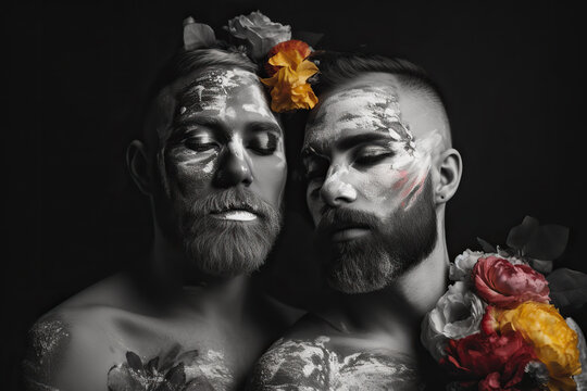 Generative AI illustration with black and white portrait of a young bearded gay couple with bright make-up and yellowish purple roses over their hairstyle
