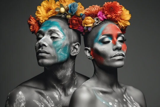 Generative AI illustration portrait of LGBT ethnic man and woman with colorful flowers on painted face and bare skin with closed eyes while standing against black background in studio