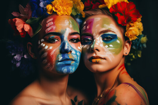 Generative AI illustration of sensual young LGBT lesbian women with colorful carnival face paintings with white dots and bunch of flowers on head looking at camera over black background in studio