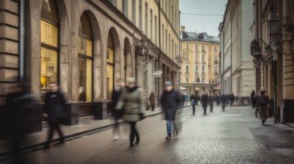 Naklejka premium Blurred Crowded Street of Paris, perfect for background or presentation. City architecture image, blur. Generative AI illustration.