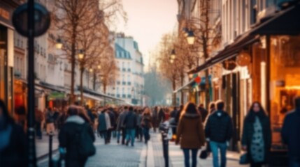 Fototapeta na wymiar Blurred Crowded Street of Paris, perfect for background or presentation. City architecture image, blur. Generative AI illustration.