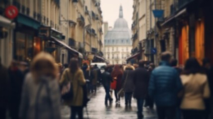 Blurred Crowded Street of Paris, perfect for background or presentation. City architecture image, blur. Generative AI illustration.
