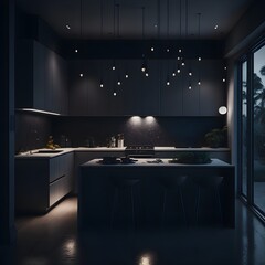 Modern Minimalist Kitchen, Illuminated, and Cozy at Night. Generative AI