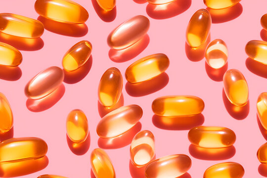 Orange pills scattered on pink surface