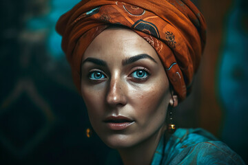 Generative AI illustration of Beautiful young berber woman with turban dressed in costume, jewelry and tribal tattoos