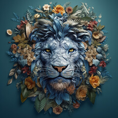 Fototapeta na wymiar lion head made of plants and flowers and leaves with blue background