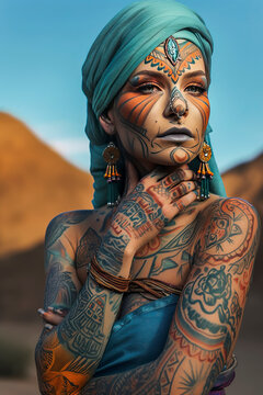 Generative AI illustration of serious ethnic female with traditional headscarf and tattoo on body looking at camera in desert