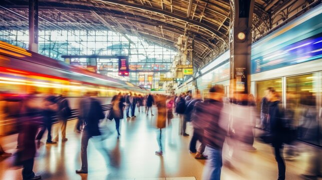Blurred Train Station Crowded with People. Motion Blur, Fast Movement Effect, Perfect for Background or Rresentation. Generative AI illustration.