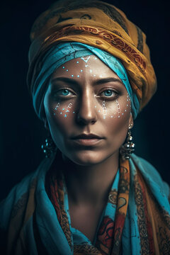 Generative AI illustration of Beautiful young berber woman with turban dressed in costume, jewelry and tribal tattoos