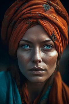Generative AI illustration of Beautiful young berber woman with turban dressed in costume, jewelry and tribal tattoos
