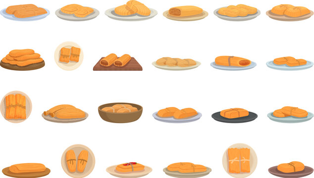 Tamales Icons Set Cartoon Vector. Food Cooking. Leaf Chicken