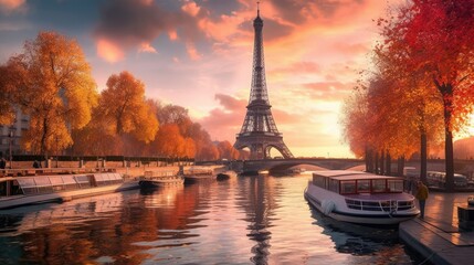 Fototapeta na wymiar Paris Eiffel Tower and river Seine at sunset in Paris, France. Eiffel Tower is one of the most iconic landmarks of Paris., Generative AI