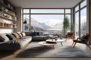 Fototapeta na wymiar modern cozy bright Living Room with large panoramic windows overlooking the Alps. Generative AI