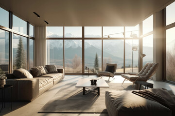 Fototapeta premium modern cozy bright Living Room with large panoramic windows overlooking the Alps. Generative AI