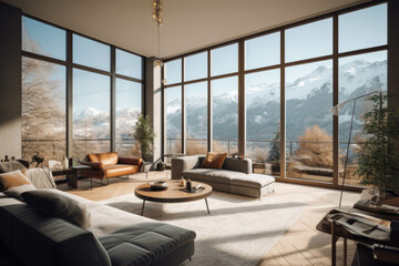 modern cozy bright Living Room with large panoramic windows overlooking the Alps. Generative AI