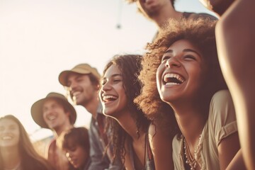 Diverse group of friends candidly enjoying a music festival, embodying the energy and vitality of live concert fun, millennials, generation z, generative ai