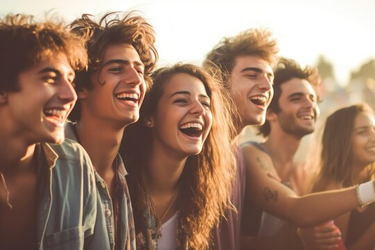 Diverse group of friends candidly enjoying a music festival, embodying the energy and vitality of live concert fun, millennials, generation z, generative ai