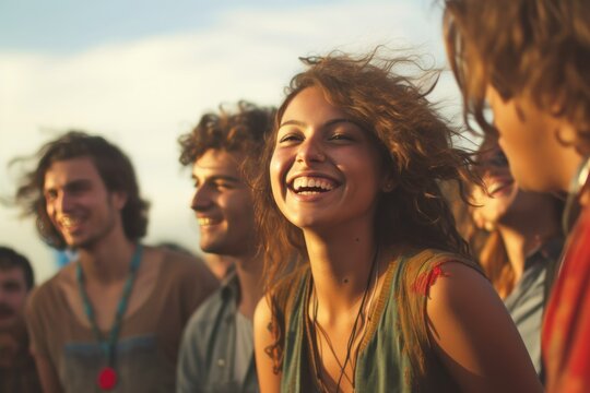 Diverse group of friends candidly enjoying a music festival, embodying the energy and vitality of live concert fun, millennials, generation z, generative ai