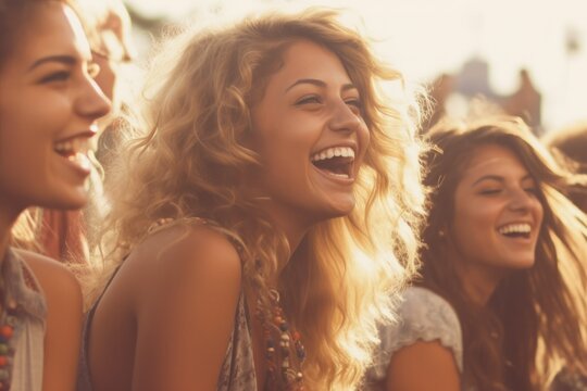 Diverse group of friends candidly enjoying a music festival, embodying the energy and vitality of live concert fun, millennials, generation z, generative ai