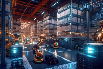 Innovative warehouse logistics displayed through automation, robotics and artificial intelligence shaping the future of industry, generative ai - obrazy, fototapety, plakaty