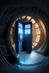 Science-fiction multidimension of Doctor Who, TARDIS spaceship, blue box, falling back-down through universe war, burning nights, destroying flood, world apocalypse, drop of tear saves, Generative AI