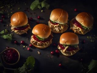 Turkey Cranberry Sliders Perfectly Seasoned Mini Sandwiches with Juicy Turkey, Tangy Cranberry Sauce, and Melted Cheese on Soft Buns, Presented on a Seamless Background. generative ai
