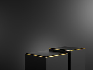 Minimalist black gold podium stand with gradient dark grey background