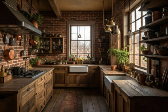 A rustic and cozy kitchen with exposed brick walls, farmhouse-style cabinets, and a large farmhouse sink for a warm and inviting atmosphere. Generative AI