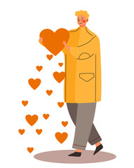 Man with heart. Charity, love and donations. Volunteer and activist of foundation. Young guy in love, romance and support. Poster or banner for website. Cartoon flat vector illustration