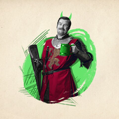 Contemporary art collage. Medieval warrior or knight with dirty wounded face holding shield and...