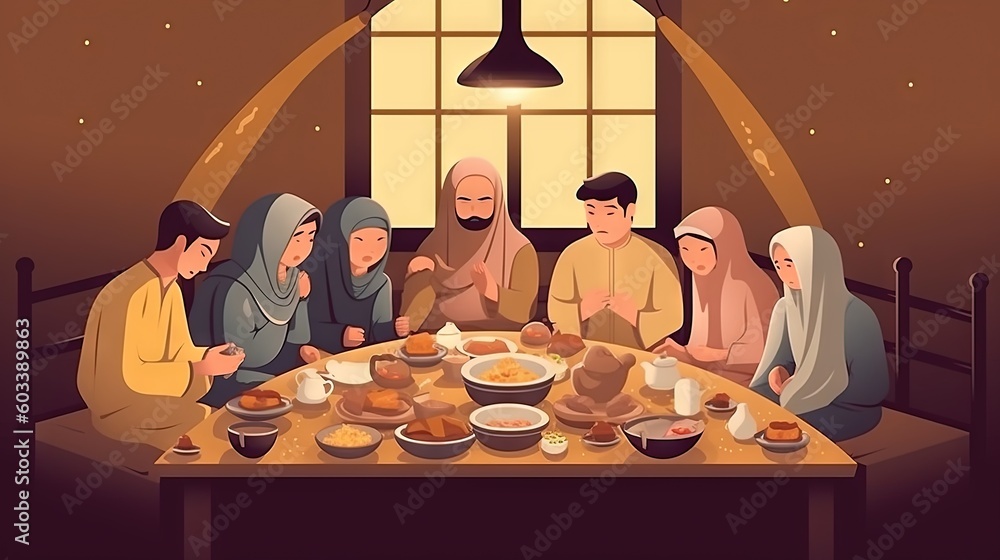 Poster a group of people sitting around a table with food on it. generative ai