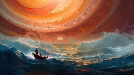  a painting of a man on a boat in a large body of water.  generative ai