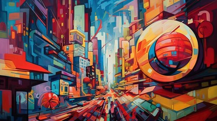  a painting of a city street with buildings and train tracks.  generative ai