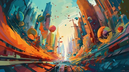  a painting of a city with lots of buildings and balloons.  generative ai