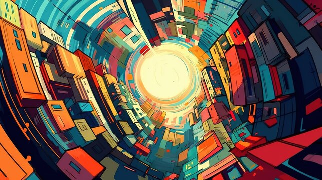  a painting of a city with a bright light coming out of the center.  generative ai
