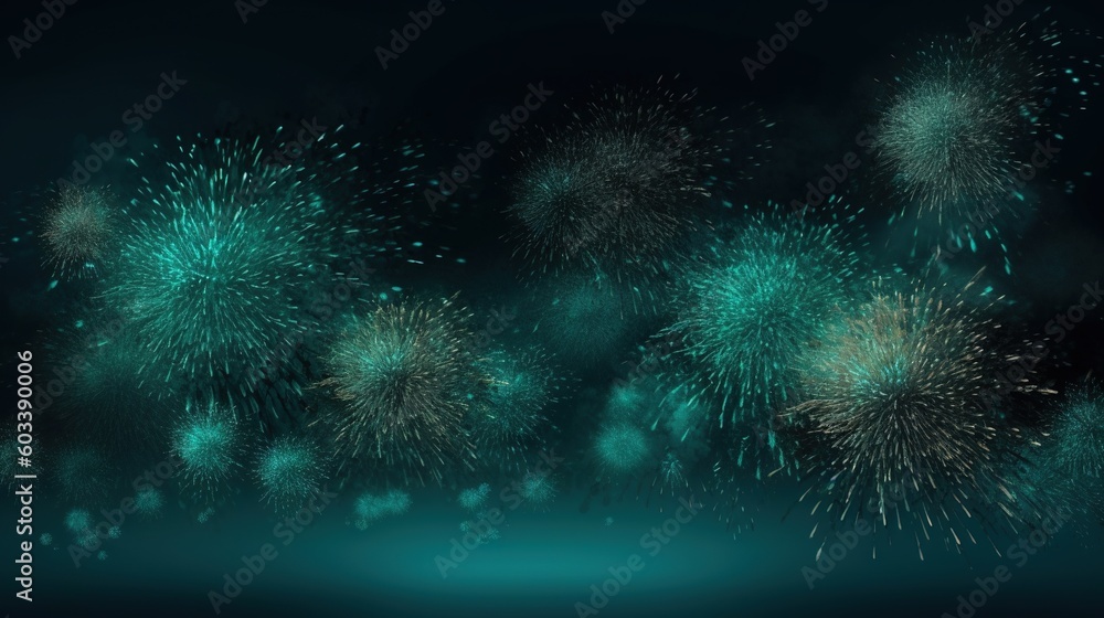 Poster a bunch of green fireworks on a dark background with a place for text. generative ai