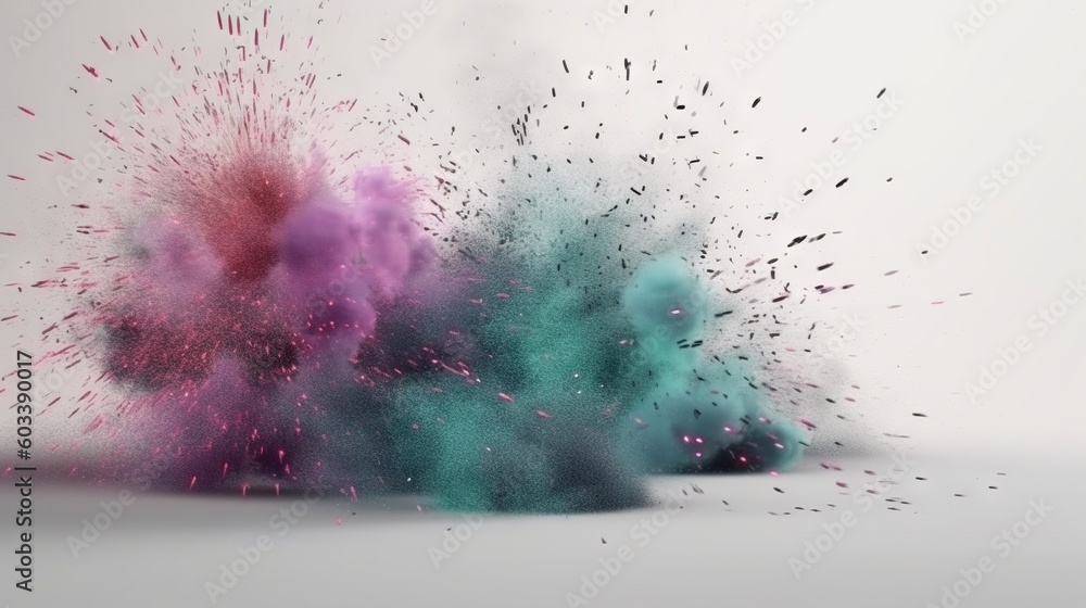 Aufkleber a group of colored powder exploding in the air with a white background. generative ai
